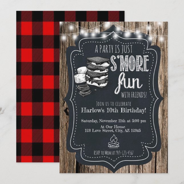 Wood Chalkboard Rustic S'mores Party Birthday Invitation (Front/Back)
