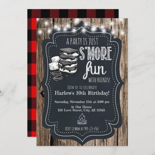 Wood Chalkboard Rustic Smores Party Birthday Invitation