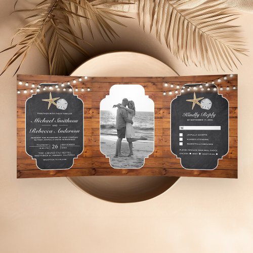 Wood Chalkboard Starfish Sand Dollar Beach Wedding Tri_Fold Invitation