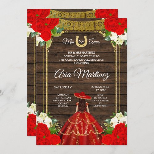 Wood Charro _ Red Princess Mis Quince Invitation