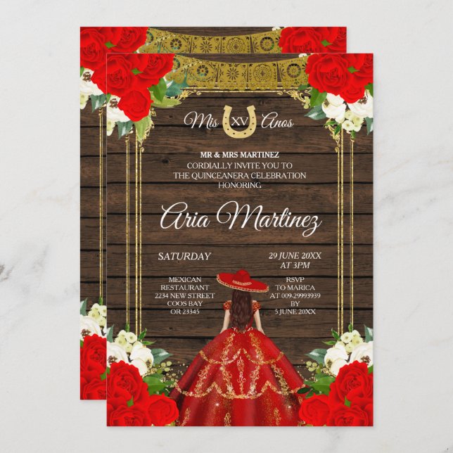 Wood Charro - Red Princess Mis Quince Invitation (Front/Back)