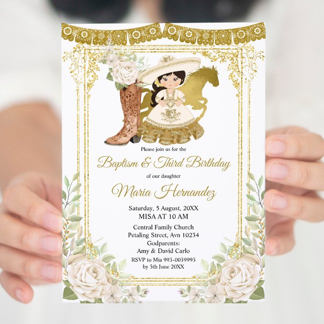 Wood Charro White Baptism & Third Birthday Invitation (Creator Uploaded)