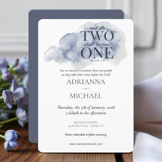 Wood Christian Two Become One Watercolor Blue Invitation