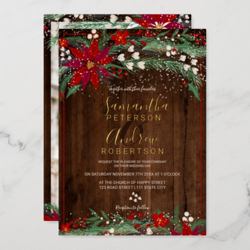 Wood Christmas floral wreath snow photo wedding Foil Invitation