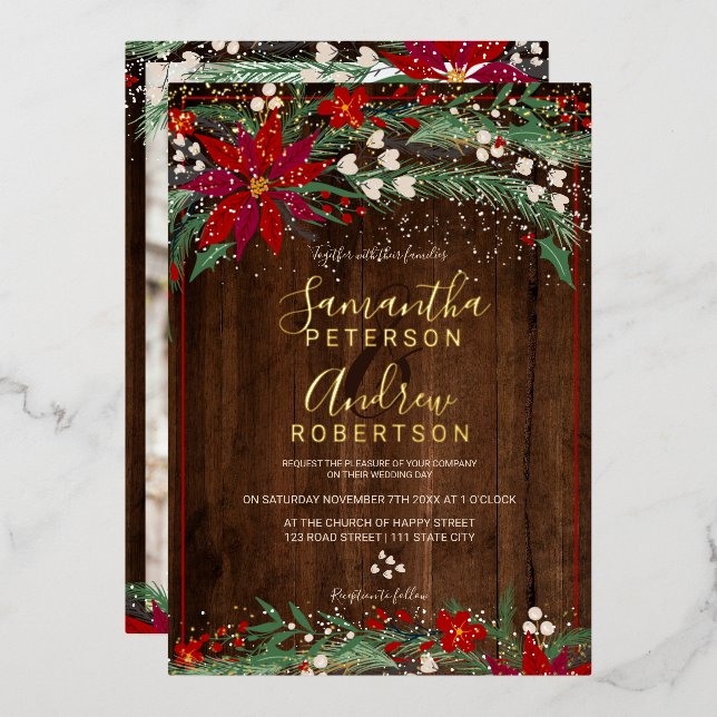 Wood Christmas floral wreath snow photo wedding Foil Invitation (Front/Back)