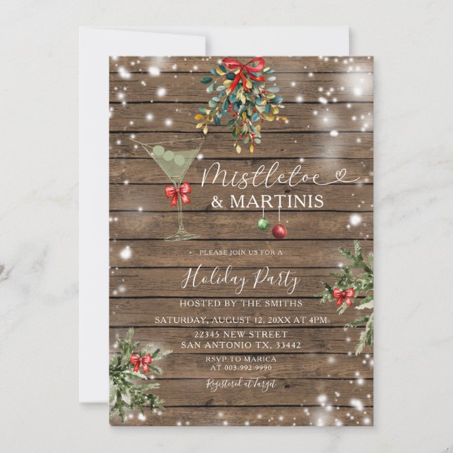 Wood Christmas Mistletoe & Martini Bridal Shower Invitation (Front)