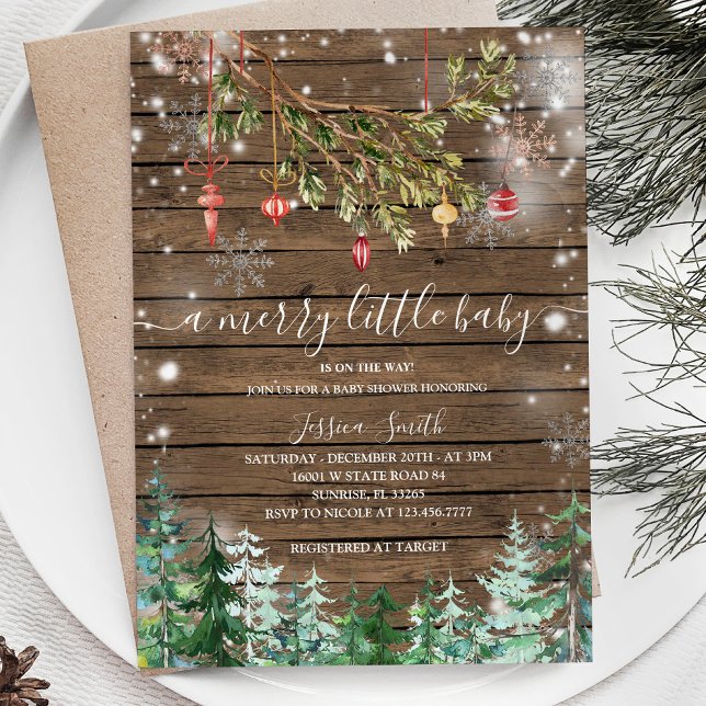 Wood Christmas Ornaments Pine Trees Holiday Party Invitation (Creator Uploaded)