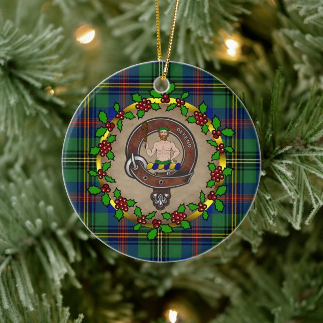 Wood Clan Badge & Tartan Personalized Christmas Ceramic Ornament (Tree)