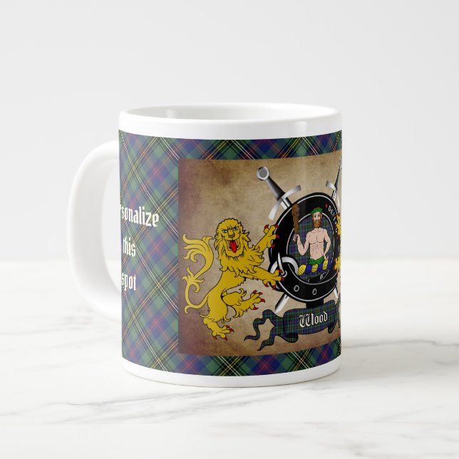 Wood Clan Badge & Tartan Personalized Giant Coffee Mug (Front Left)
