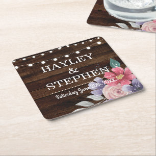 Wood Coasters Rustic Pink Flowers Wedding Party
