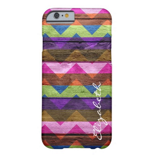 Wood Colorful Chevron Stripes Monogram 10 Barely There iPhone 6 Case