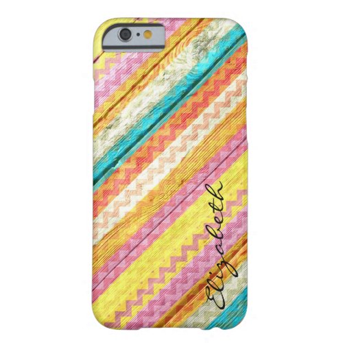 Wood Colorful Chevron Stripes Monogram 11 Barely There iPhone 6 Case