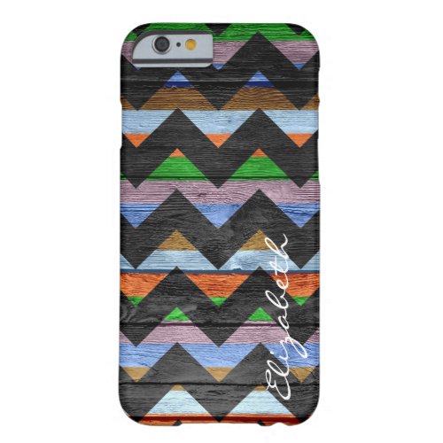 Wood Colorful Chevron Stripes Monogram 14 Barely There iPhone 6 Case