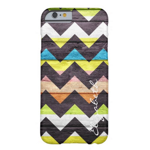 Wood Colorful Chevron Stripes Monogram 19 Barely There iPhone 6 Case