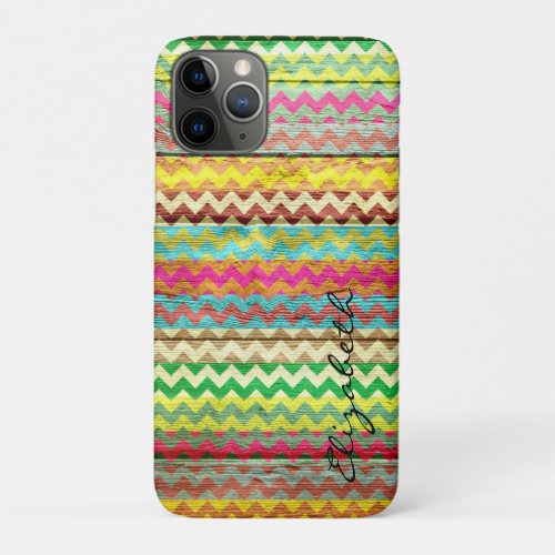 Wood Colorful Chevron Stripes Monogram iPhone 11 Pro Case