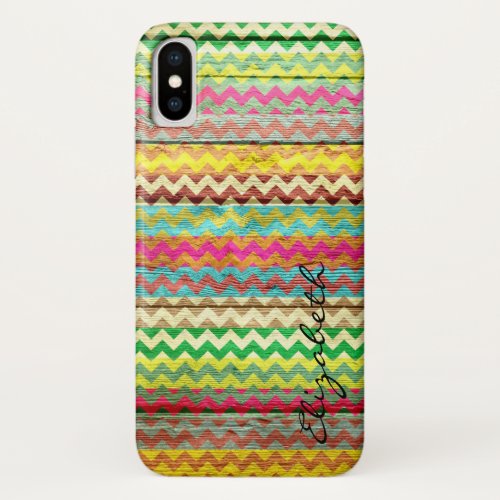 Wood Colorful Chevron Stripes Monogram iPhone X Case