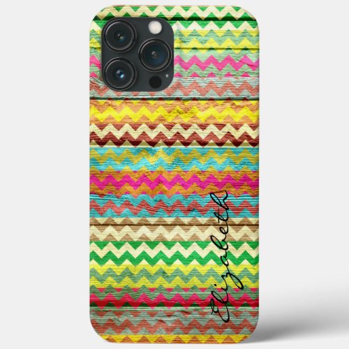 Wood Colorful Chevron Stripes Monogram iPhone 13 Pro Max Case