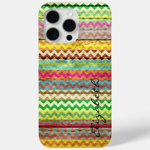 Wood Colorful Chevron Stripes Monogram iPhone 15 Pro Max Case