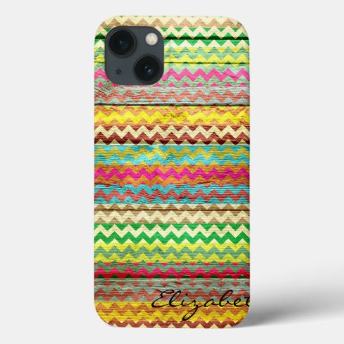 Wood Colorful Chevron Stripes Monogram iPhone 13 Case