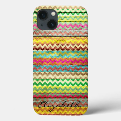 Wood Colorful Chevron Stripes Monogram iPhone 13 Case