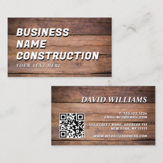 Wood Construction QR Code Bold Rustic Business Card (Front/Back)