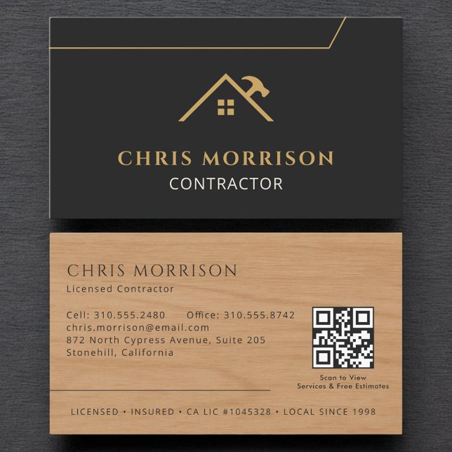 Wood Contractor Construction QR Code Black Gold Business Card (Creator Uploaded)