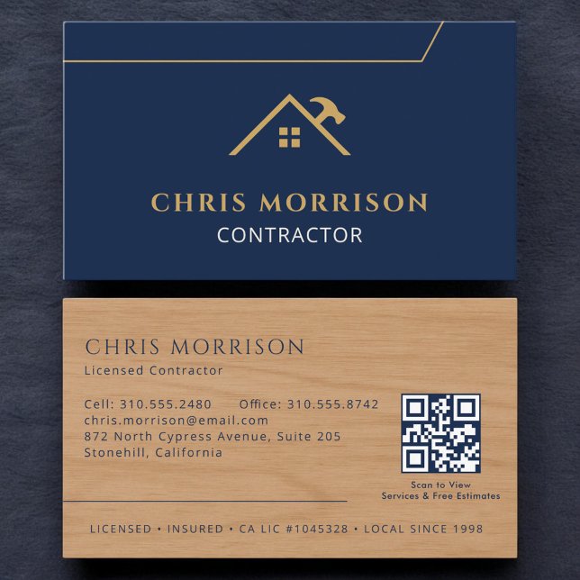 Wood Contractor Construction QR Code Navy Blue Business Card (Creator Uploaded)