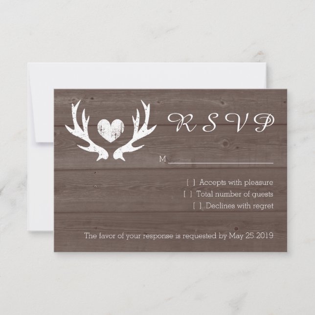 Wood country chic deer antler RSVP wedding cards (Front)