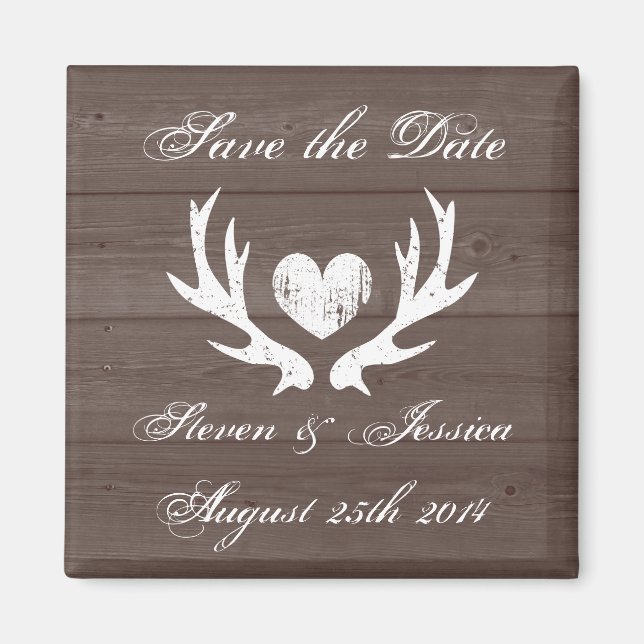 Wood country chic deer antler save the date magnet (Front)