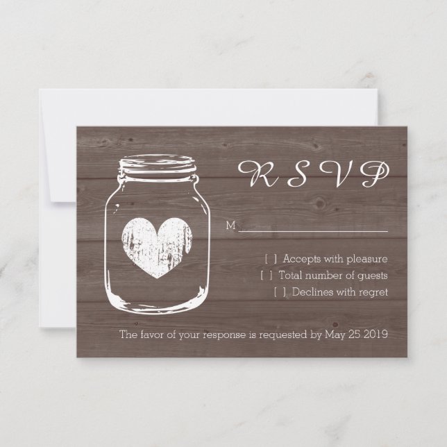 Wood country chic mason jar RSVP wedding cards (Front)