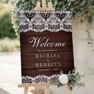 Wood Country Lace Wedding Welcome Sign