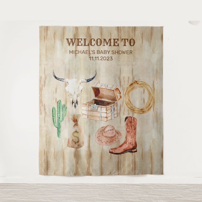 Wood Cowboy Baby Shower welcome backdrop (Front)