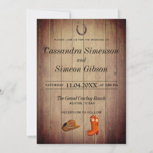 Wood Cowboy Boots, Rustic Wedding Day Invitation