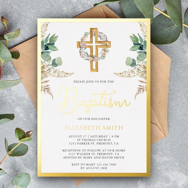 Wood Cross Boho Pampas Eucalyptus Baptism Gold Foil Invitation (Creator Uploaded)