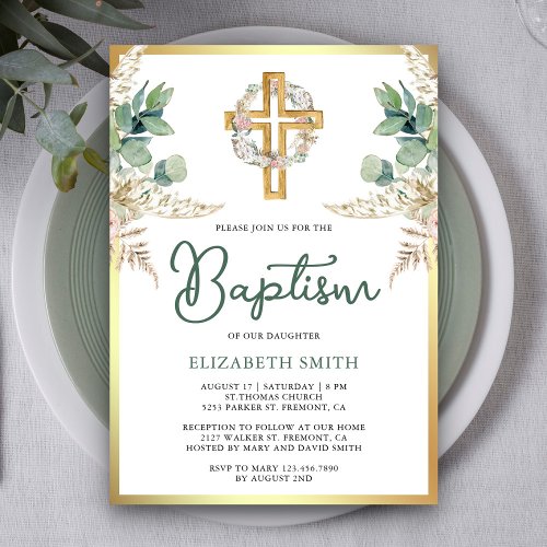 Wood Cross Boho Pampas Eucalyptus Gold Baptism Invitation