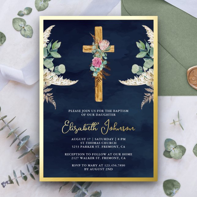 Wood Cross Boho Pampas Eucalyptus Navy Baptism Foil Invitation (Creator Uploaded)