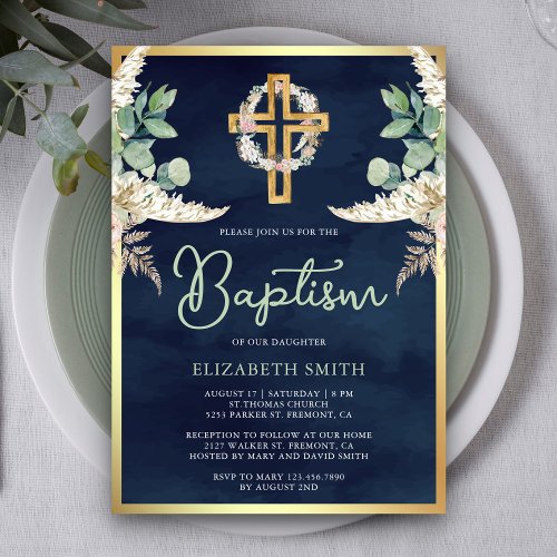 Wood Cross Pampas Eucalyptus Navy Gold Baptism Invitation