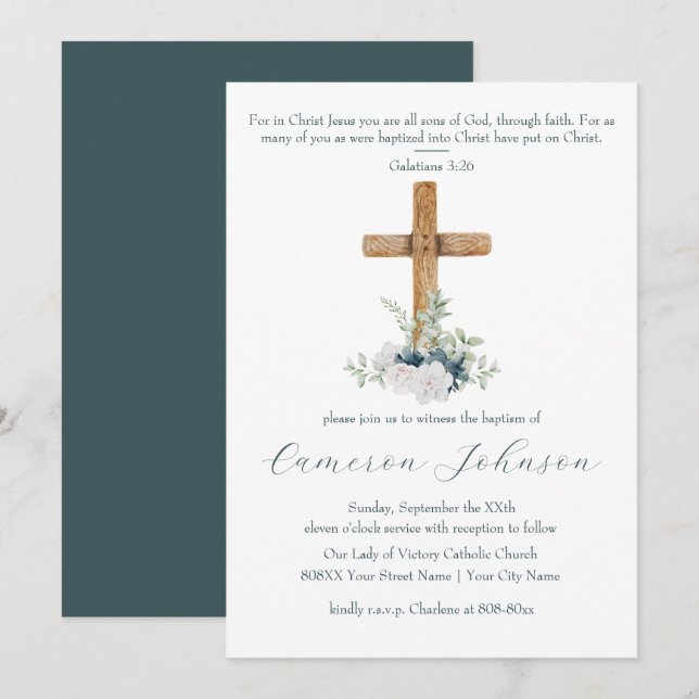 Wood Cross White and Blue Flowers Baptism Invitation (Front/Back)