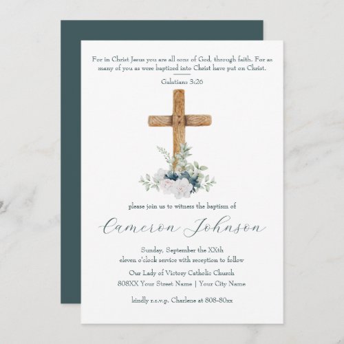 Wood Cross White and Blue Flowers Baptism Invitation