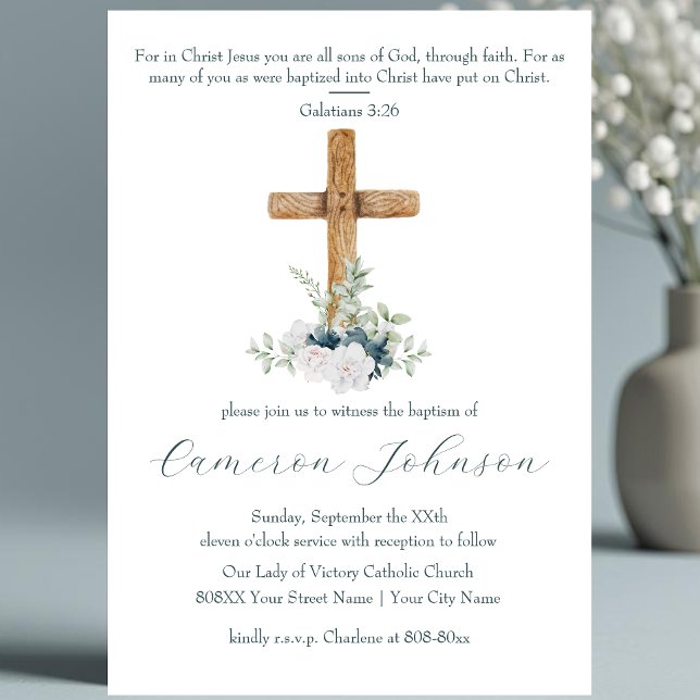 Wood Cross White and Blue Flowers Baptism Invitation (Creator Uploaded)