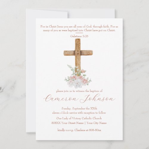 Wood Cross White and Blush Flowers Baptism Invitation