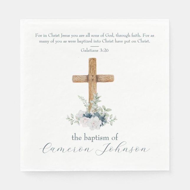 Wood Cross White & Blue Baptism Bible Verse Napkins (Front)