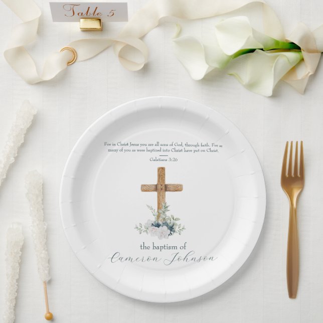 Wood Cross White & Blue Baptism Bible Verse Paper Plates (Wedding)