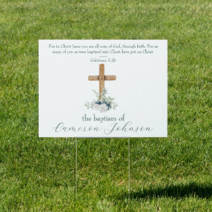 Wood Cross White & Blue Baptism Bible Verse Sign