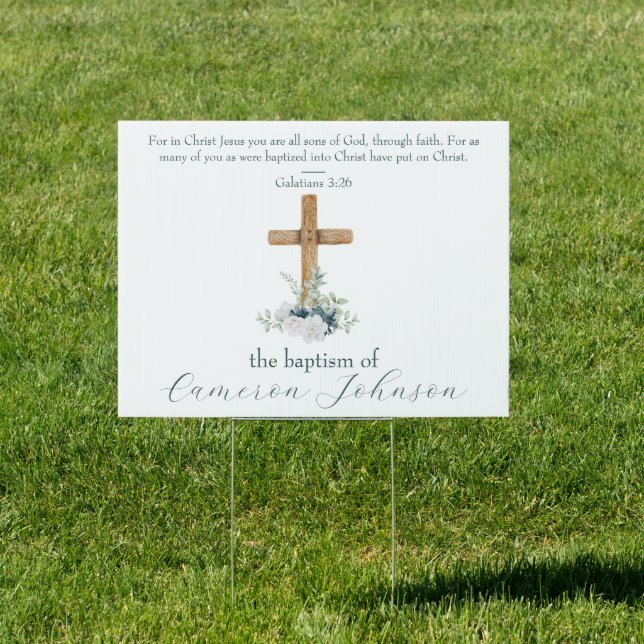Wood Cross White & Blue Baptism Bible Verse Sign (Insitu)