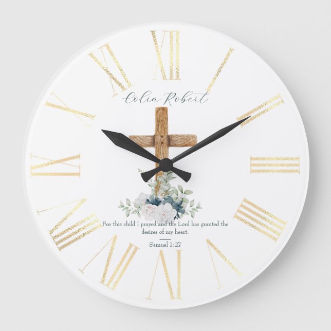 Wood Cross White & Blue Flowers Bible Verse Large Clock (Front)