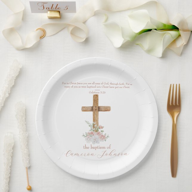 Wood Cross White & Blush Baptism Bible Verse Paper Plates (Wedding)