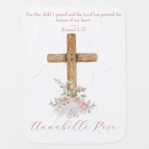 Wood Cross White & Blush Flowers Bible Verse Baby Blanket