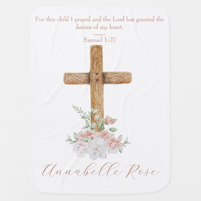 Wood Cross White & Blush Flowers Bible Verse Baby Blanket (Front)