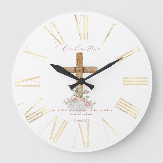 Wood Cross White & Blush Flowers Bible Verse Large Clock (Front)